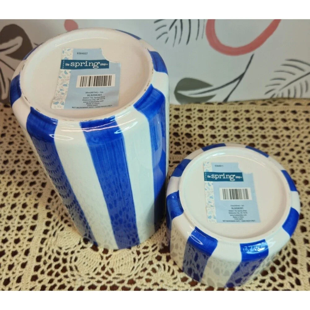 NWT Set of 2 Blue & White Striped Lemon Themed Canisters w/ Freshness Lids